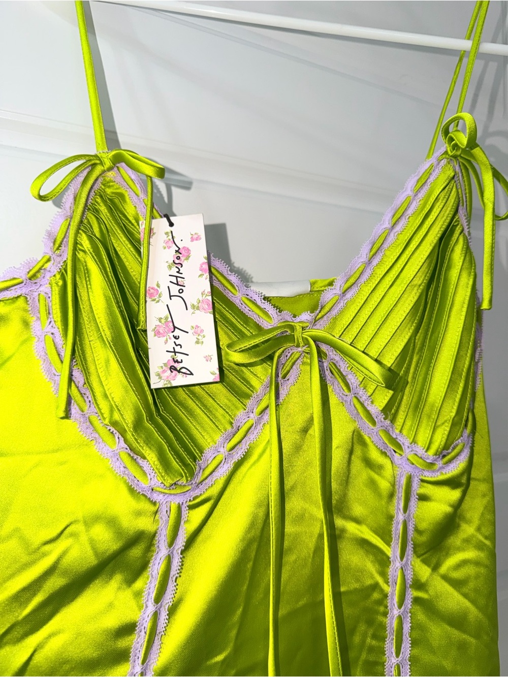 Betsey Johnson Lime Green Satin Maxi Dress with Lavender Trim - Picture 2 of 4